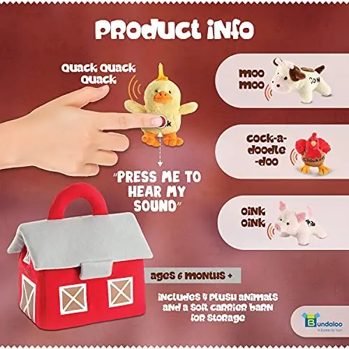 Bundaloo Plush Farm Animal Toys with Realistic Sounds - Plushie Play Set with Barn Carrier - 2