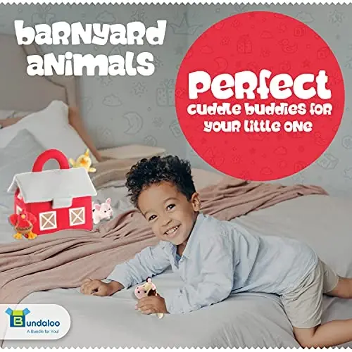 Bundaloo Plush Farm Animal Toys with Realistic Sounds - Plushie Play Set with Barn Carrier - 6