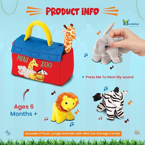 Bundaloo Plush Mini Hayvonot Bog'i O'yin To'plami - Jirafa, Fil, Arslon, Zebra - Interaktiv Hayvonlar, Velcro Yopiladigan Tashuvchi, Chaqaloqlar va Kichkintoylar Uchun Tabiiy Ovoz Effektlar - 32