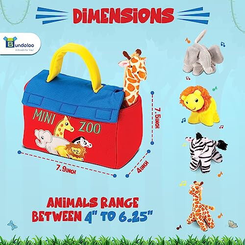 Bundaloo Plush Mini Hayvonot Bog'i O'yin To'plami - Jirafa, Fil, Arslon, Zebra - Interaktiv Hayvonlar, Velcro Yopiladigan Tashuvchi, Chaqaloqlar va Kichkintoylar Uchun Tabiiy Ovoz Effektlar - 33