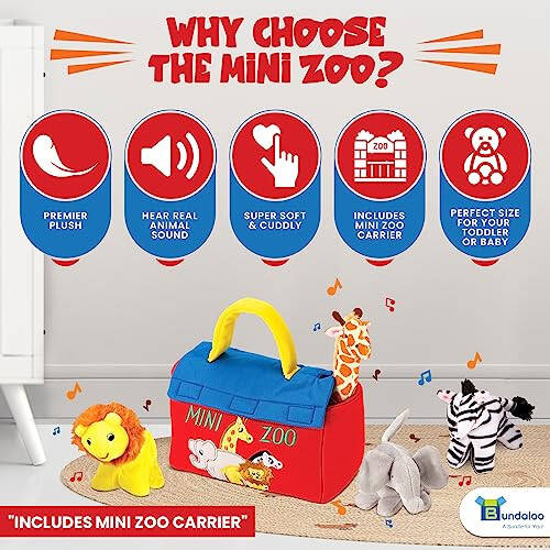 Bundaloo Plush Mini Zoo Playset - Giraffe, Elephant, Lion, Zebra - Interactive Animals, Carrier with Velcro Closure, Natural Sound Effects for Babies and Toddlers - 29