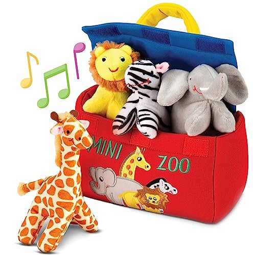 Bundaloo Plush Mini Zoo Playset - Giraffe, Elephant, Lion, Zebra - Interactive Animals, Carrier with Velcro Closure, Natural Sound Effects for Babies and Toddlers - 13