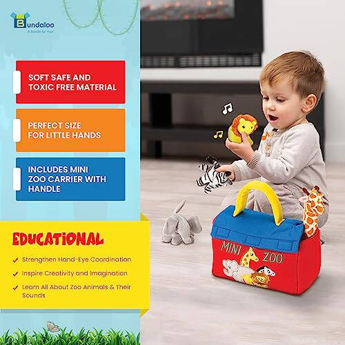 Bundaloo Plush Mini Zoo Playset - Giraffe, Elephant, Lion, Zebra - Interactive Animals, Carrier with Velcro Closure, Natural Sound Effects for Babies and Toddlers - 16