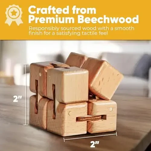 BunMo Wooden Fidget Cube – Beechwood Infinity Cube Fidget Toy, Larger One Pack – Smooth Folding Pocket Fidget, Natural Wood Sensory Cube for Desk or Travel - 2