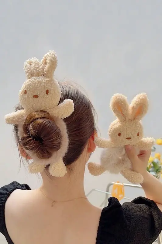 Bunny Peluş Tavşan Kürklü Simit Toka - Kahve Tavşan - 1