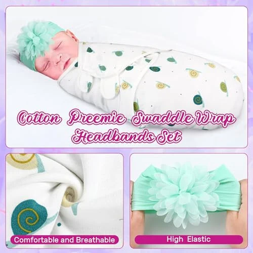 Bunnycool 4 Pack Newborn Preemie Swaddle with Headband Set Preemie Swaddle Blanket Preemie Baby Clothes for Nicu Newborn Boys Girls (Flower Style, Preemie) - 28