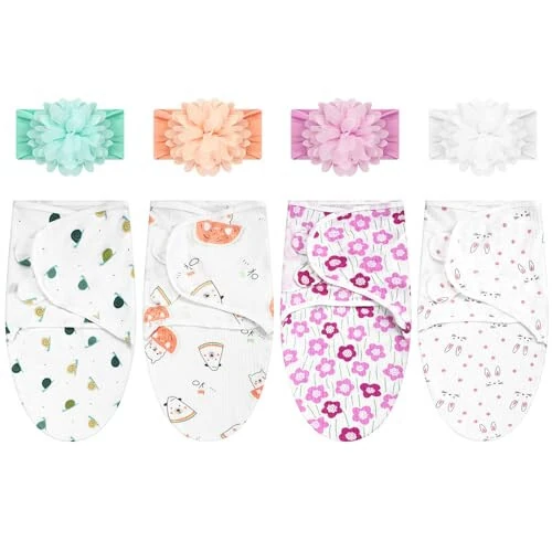 Bunnycool 4 Pack Newborn Preemie Swaddle with Headband Set Preemie Swaddle Blanket Preemie Baby Clothes for Nicu Newborn Boys Girls (Flower Style, Preemie) - 13