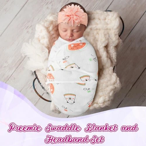 Bunnycool 4 Pack Newborn Preemie Swaddle with Headband Set Preemie Swaddle Blanket Preemie Baby Clothes for Nicu Newborn Boys Girls (Flower Style, Preemie) - 18
