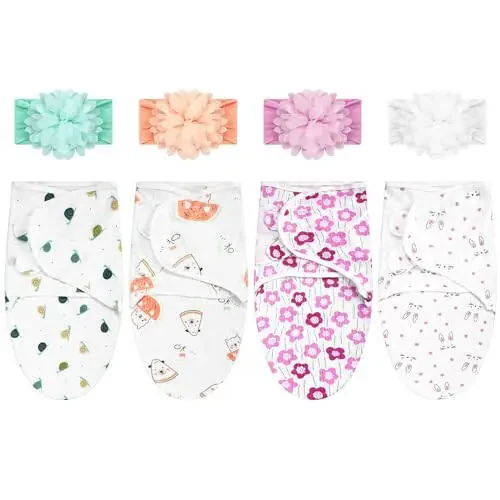Bunnycool 4 Pack Newborn Preemie Swaddle with Headband Set Preemie Swaddle Blanket Preemie Baby Clothes for Nicu Newborn Boys Girls (Flower Style, Preemie) - 7