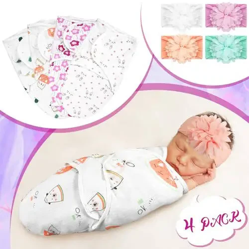 Bunnycool 4 Pack Newborn Preemie Swaddle with Headband Set Preemie Swaddle Blanket Preemie Baby Clothes for Nicu Newborn Boys Girls (Flower Style, Preemie) - 9