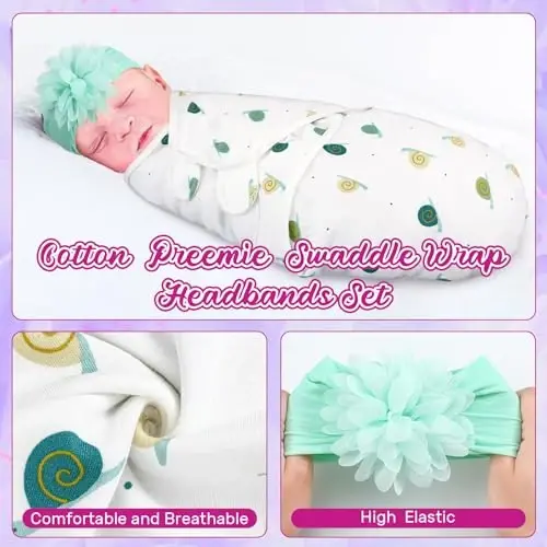 Bunnycool 4 Pack Newborn Preemie Swaddle with Headband Set Preemie Swaddle Blanket Preemie Baby Clothes for Nicu Newborn Boys Girls (Flower Style, Preemie) - 4