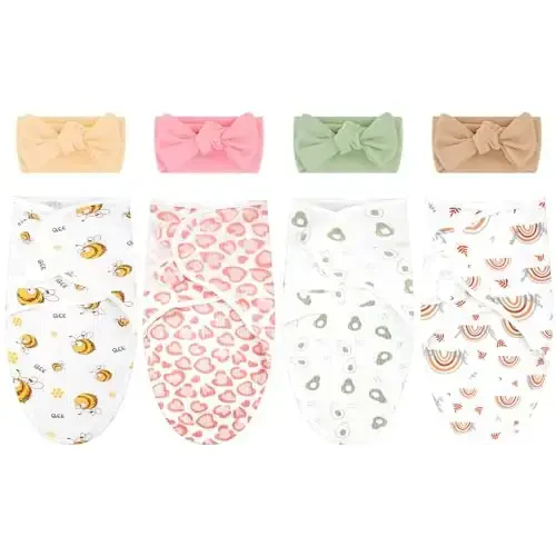 Bunnycool 4 Pack Newborn Preemie Swaddle with Headband Set Premature Swaddle Blanket Baby Clothes for Nicu Newborn Boys Girls(0-3 Months,Bow Style) - 1