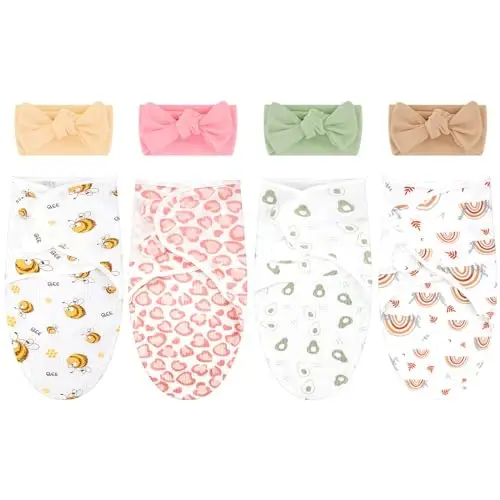 Bunnycool 4 Pack Newborn Preemie Swaddle with Headband Set Premature Swaddle Blanket Baby Clothes for Nicu Newborn Boys Girls(0-3 Months,Bow Style) - BUNNYCOOL