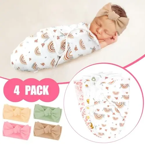 Bunnycool 4 Pack Yangi tug'ilgan chaqaloqlar uchun bosh bog'lamli prematüre o'rash to'plami, NICU uchun prematüre o'rash adyoli, yangi tug'ilgan chaqaloqlar uchun kiyimlar (Preemie, Bow Style) - 3