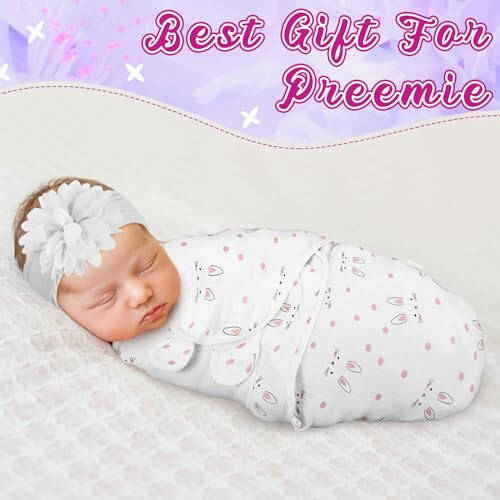 Bunnycool 4 Pack Newborn Preemie Swaddle with Headband Set Premature Swaddle Blanket Baby Clothes for Nicu Newborn Boys Girls(Preemie,Flower Style) - 23