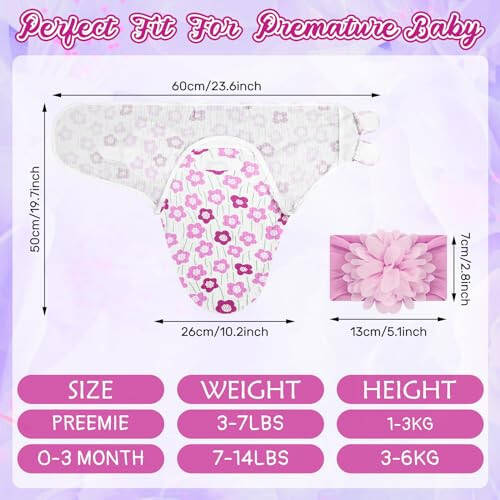 Bunnycool 4 Pack Newborn Preemie Swaddle with Headband Set Premature Swaddle Blanket Baby Clothes for Nicu Newborn Boys Girls(Preemie,Flower Style) - 8