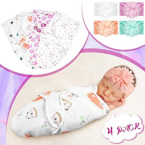 Bunnycool 4 Pack Newborn Preemie Swaddle with Headband Set Premature Swaddle Blanket Baby Clothes for Nicu Newborn Boys Girls(Preemie,Flower Style) - 9