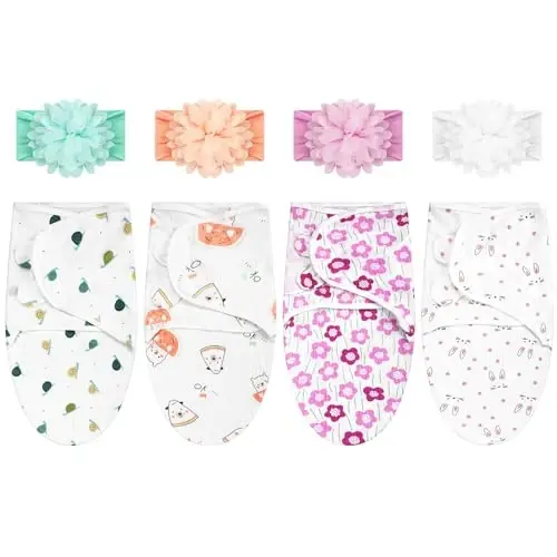 Bunnycool 4 Pack Newborn Preemie Swaddle with Headband Set Premature Swaddle Blanket Baby Clothes for Nicu Newborn Boys Girls(Preemie,Flower Style) 