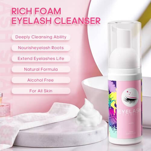 Buqikma Lash Cleaning Kit - Eyelash Extension Cleanser for Extensions 60ML Lash Shampoo with Rechargeable Handheld Lash Fan Dryer Mascara Brush Rinse Bottle Makeup Cleansing Foam for Lash Care - 2