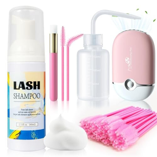 Buqikma Lash Shampoo for Lash Extensions: 2.11Floz Eyelid Cleansing Foams,USB Mini Lash Fan,Bottle Mascara Brush Cleaning Brush Lash Cleaning Kit for Professional & Home Use(Pink) - 1