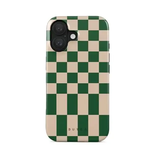 BURGA iPhone 16 uchun telefon korpusi — yoqimli, zamonaviy, estetik, naqshli telefon qopqogʻi, qattiq qobiq himoyasi — Apple iPhone 16 uchun mos keladi, ayollar va erkaklar uchun, yashil kvadratli katakli 