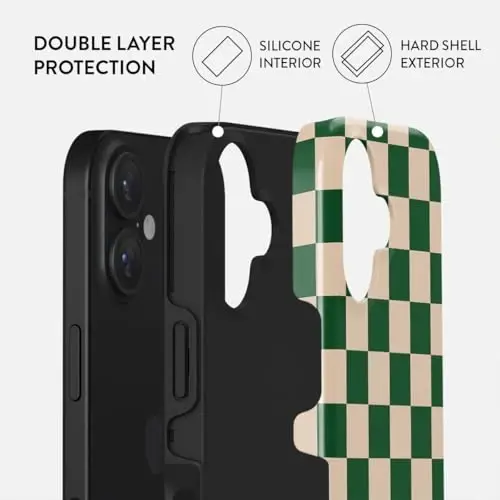 BURGA iPhone 16 uchun telefon korpusi — yoqimli, zamonaviy, estetik, naqshli telefon qopqogʻi, qattiq qobiq himoyasi — Apple iPhone 16 uchun mos keladi, ayollar va erkaklar uchun, yashil kvadratli katakli - 2