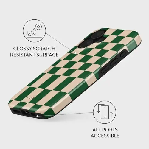 BURGA iPhone 16 uchun telefon korpusi — yoqimli, zamonaviy, estetik, naqshli telefon qopqogʻi, qattiq qobiq himoyasi — Apple iPhone 16 uchun mos keladi, ayollar va erkaklar uchun, yashil kvadratli katakli - 3