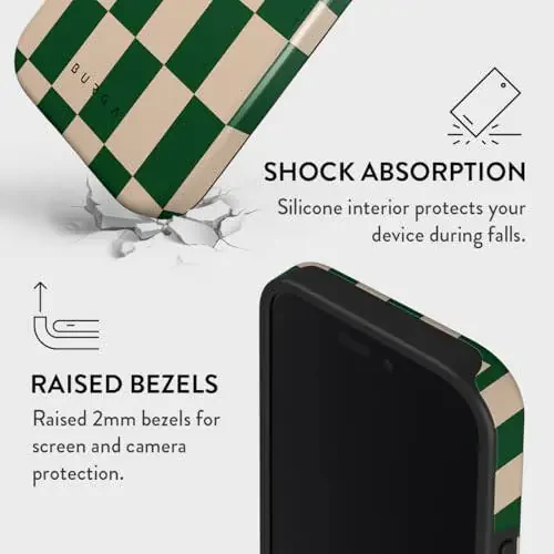 BURGA Phone Case for iPhone 16 - Cute, Trendy, Aesthetic, Pattern Phone Cover, Hard Shell Protection - fits Apple iPhone 16 Case for Women and Men, Checkered Green Square - 4