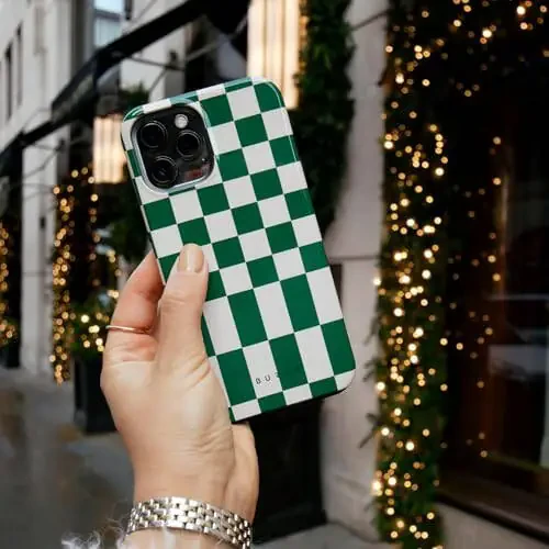 BURGA Phone Case for iPhone 16 - Cute, Trendy, Aesthetic, Pattern Phone Cover, Hard Shell Protection - fits Apple iPhone 16 Case for Women and Men, Checkered Green Square - 5