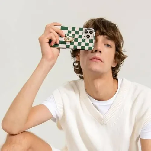 BURGA Phone Case for iPhone 16 - Cute, Trendy, Aesthetic, Pattern Phone Cover, Hard Shell Protection - fits Apple iPhone 16 Case for Women and Men, Checkered Green Square - 7