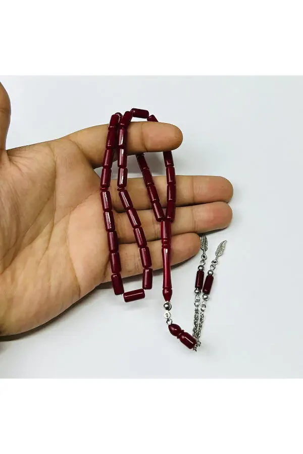 Burgundi Kesilgan Tos Kehribar Tasbeh - 3