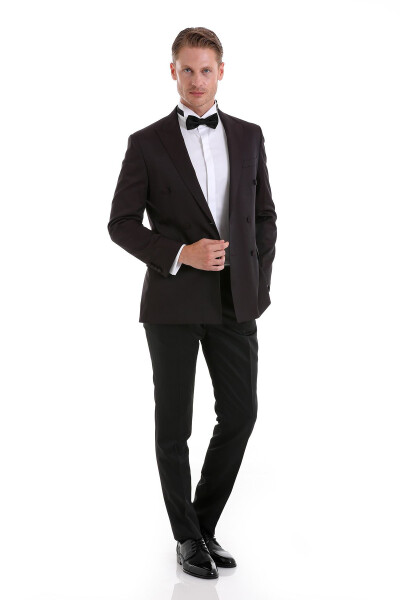 Burgundi rangli ingich Slim Fit tekis o'tkir yoqali klassik ikki qavatli smokin to'y kostyumi - HATEMOĞLU