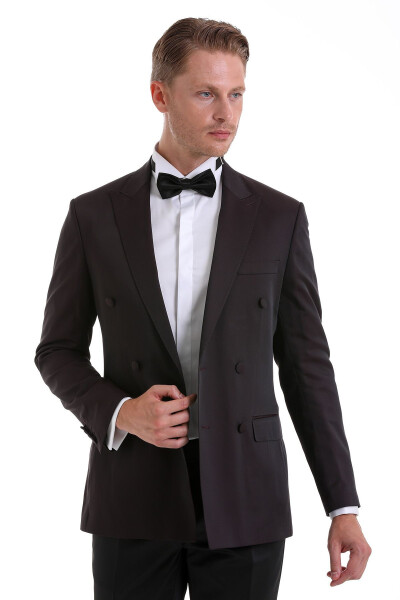Burgundi rangli ingich Slim Fit tekis o'tkir yoqali klassik ikki qavatli smokin to'y kostyumi - HATEMOĞLU (1)