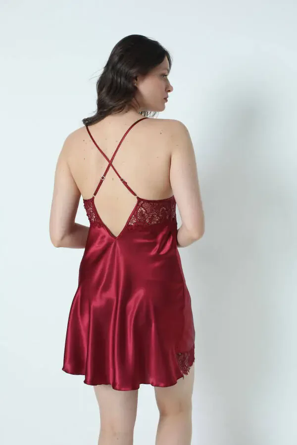 Burgundi Saten Tungi liboslari Xalat Pijamalar to'plami Short to'plami 6-donali Kelin Chеyiz to'plami 8670 - 4