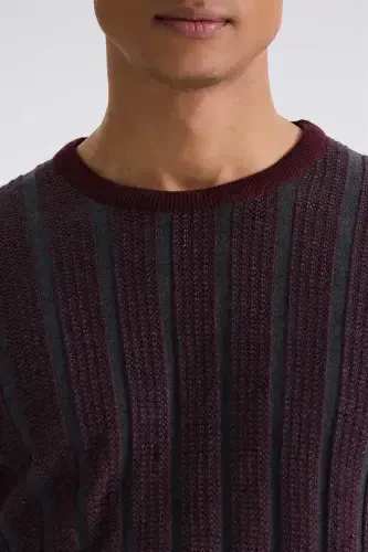 Burgundi Slim Fit Velosiped Yaxa Chiziqli Triko Kozok 