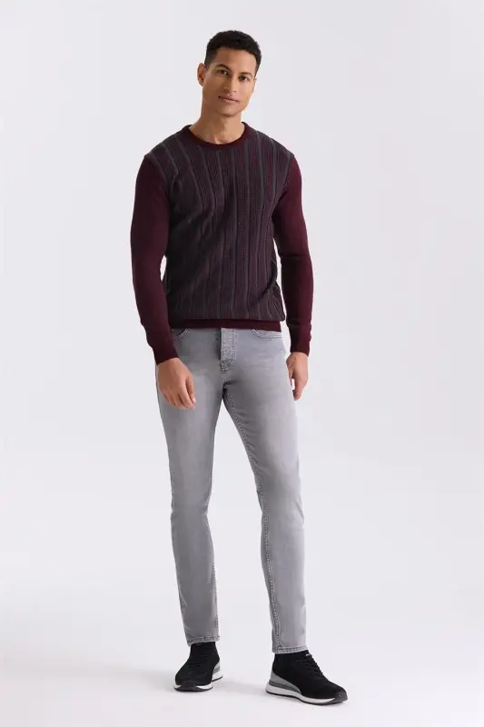 Burgundi Slim Fit Velosiped Yaxa Chiziqli Triko Kozok - 3