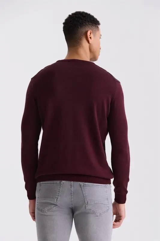 Burgundi Slim Fit Velosiped Yaxa Chiziqli Triko Kozok - 4