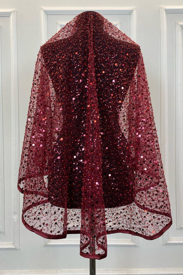 Burgundy Authentic VIP Bridal Veil Set, Complete Sequined Beaded Pearl Glittering Henna Veil Set 6 Pieces - 5