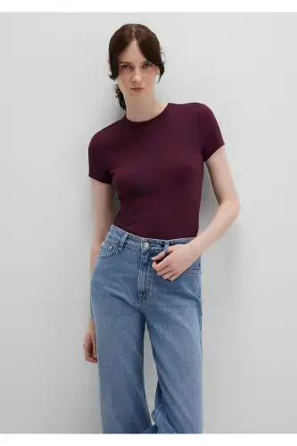 Burgundy Basic T-Shirt Fitted / Body Fit 1613081-70434-Burgundy - 2
