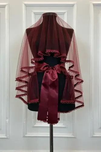 Burgundy Beaded Bridal Veil Belt Flower Gloves Henna Night Face Cover 6 Pcs-FRINGEDBURGUNDY - 2