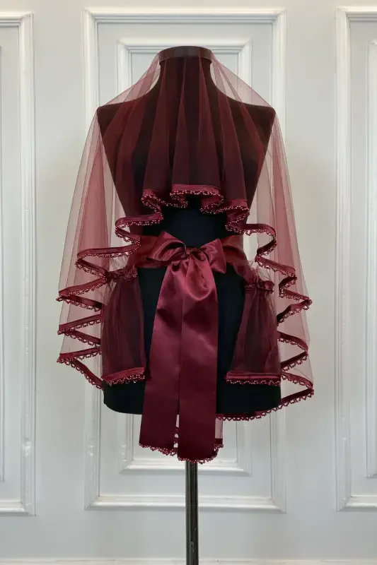 Burgundy Beaded Bridal Veil Belt Flower Gloves Henna Night Face Cover 6 Pcs-FRINGEDBURGUNDY - 2