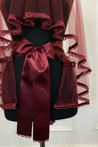 Burgundy Beaded Bridal Veil Belt Flower Gloves Henna Night Face Cover 6 Pcs-FRINGEDBURGUNDY - 3