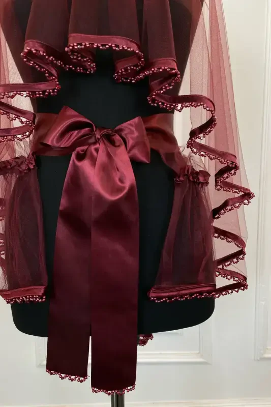 Burgundy Beaded Bridal Veil Belt Flower Gloves Henna Night Face Cover 6 Pcs-FRINGEDBURGUNDY - 3