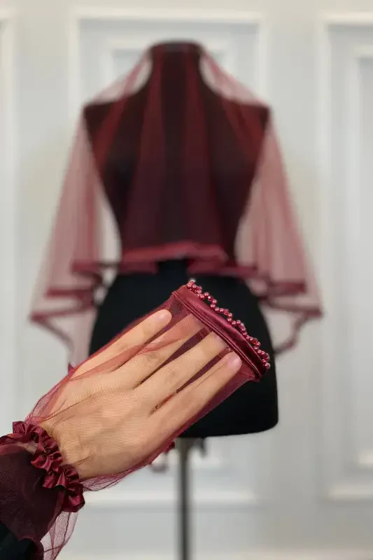 Burgundy Beaded Bridal Veil Belt Flower Gloves Henna Night Face Cover 6 Pcs-FRINGEDBURGUNDY - 4