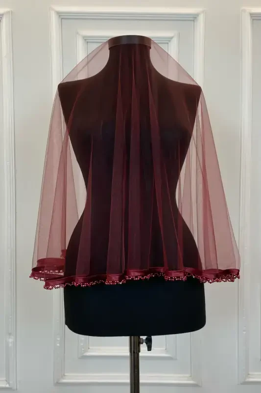 Burgundy Beaded Bridal Veil Belt Flower Gloves Henna Night Face Cover 6 Pcs-FRINGEDBURGUNDY - 5