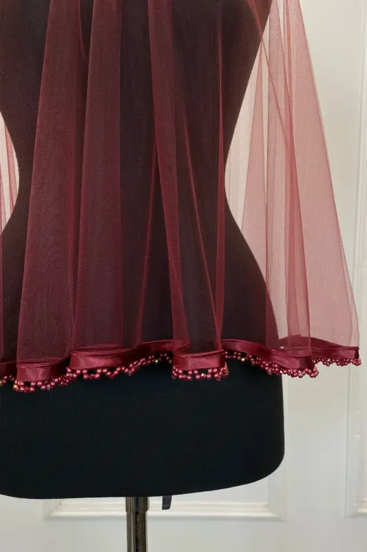 Burgundy Beaded Bridal Veil Belt Flower Gloves Henna Night Face Cover 6 Pcs-FRINGEDBURGUNDY - 7