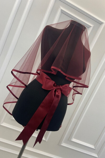 Burgundy Beaded Bridal Veil Belt Gloves Full Set Henna Night Wedding Marriage - 9