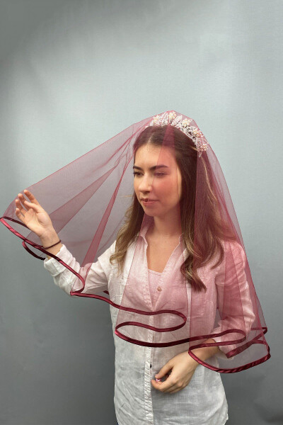 Burgundy Beaded Bridal Veil Face Cover - HAYALPEREST BONCUK