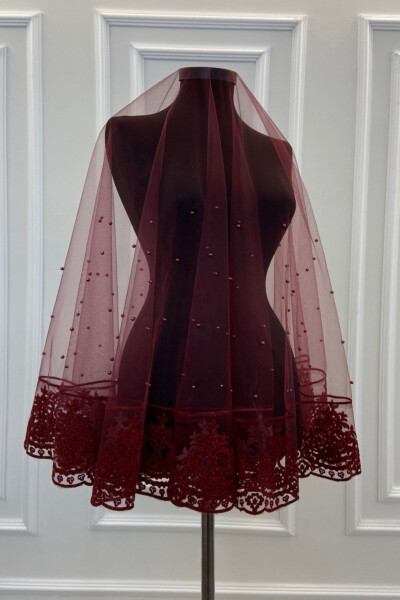 Burgundy Beaded Flock Print Glitter Bridal Veil Set - 7