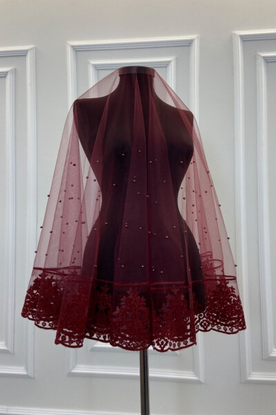 Burgundy Beaded Flock Print Glitter Bridal Veil Set - 9